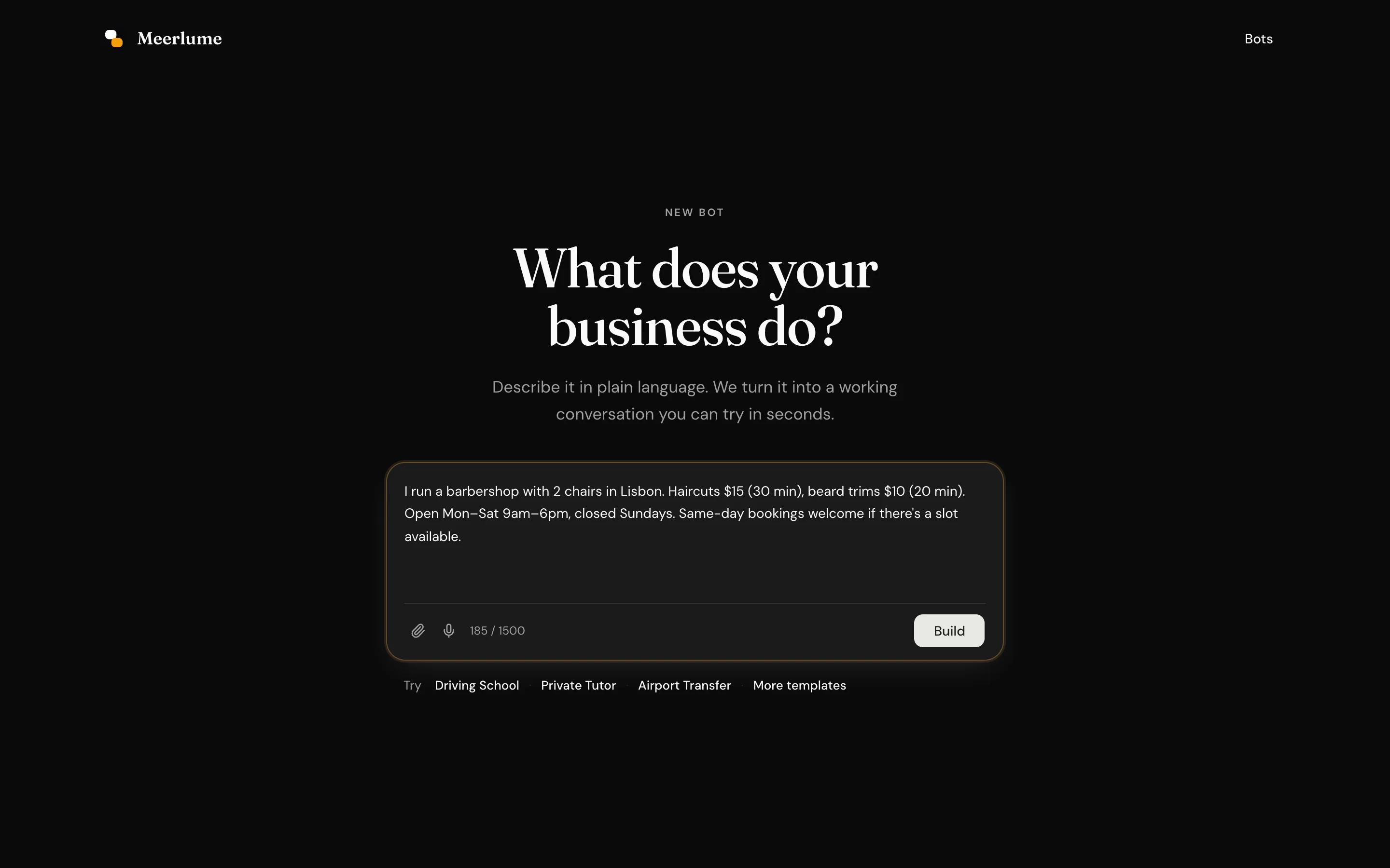 The Build page with a prompt description ready to generate a first draft