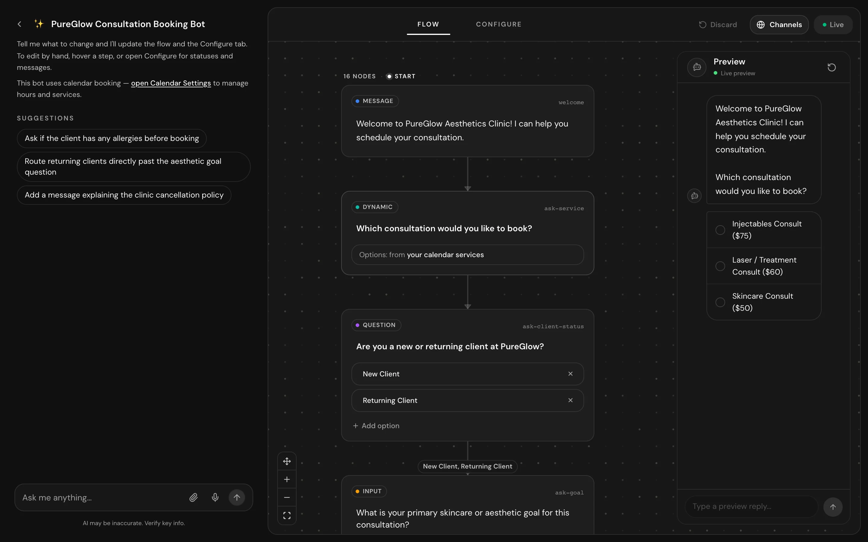 The generated flow canvas showing nodes and conversation paths