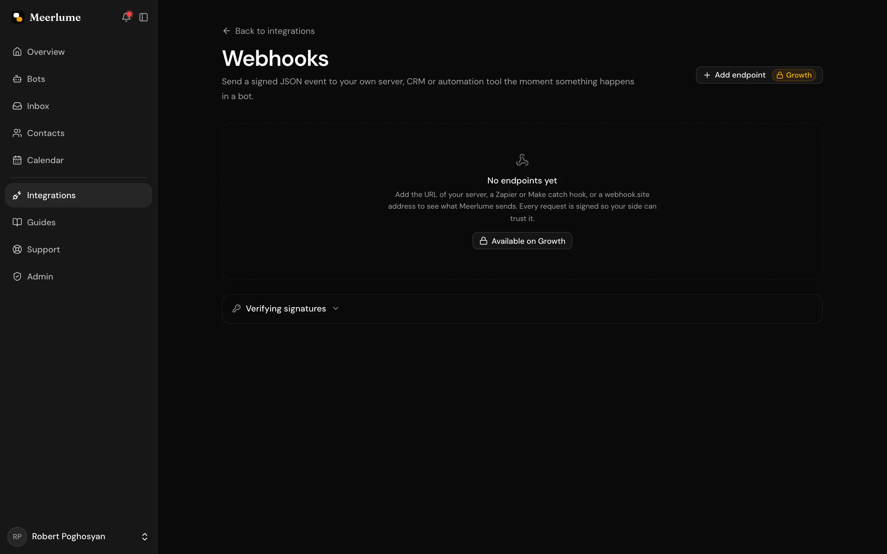 The Webhooks page under Integrations, with Add endpoint and the signature verification note